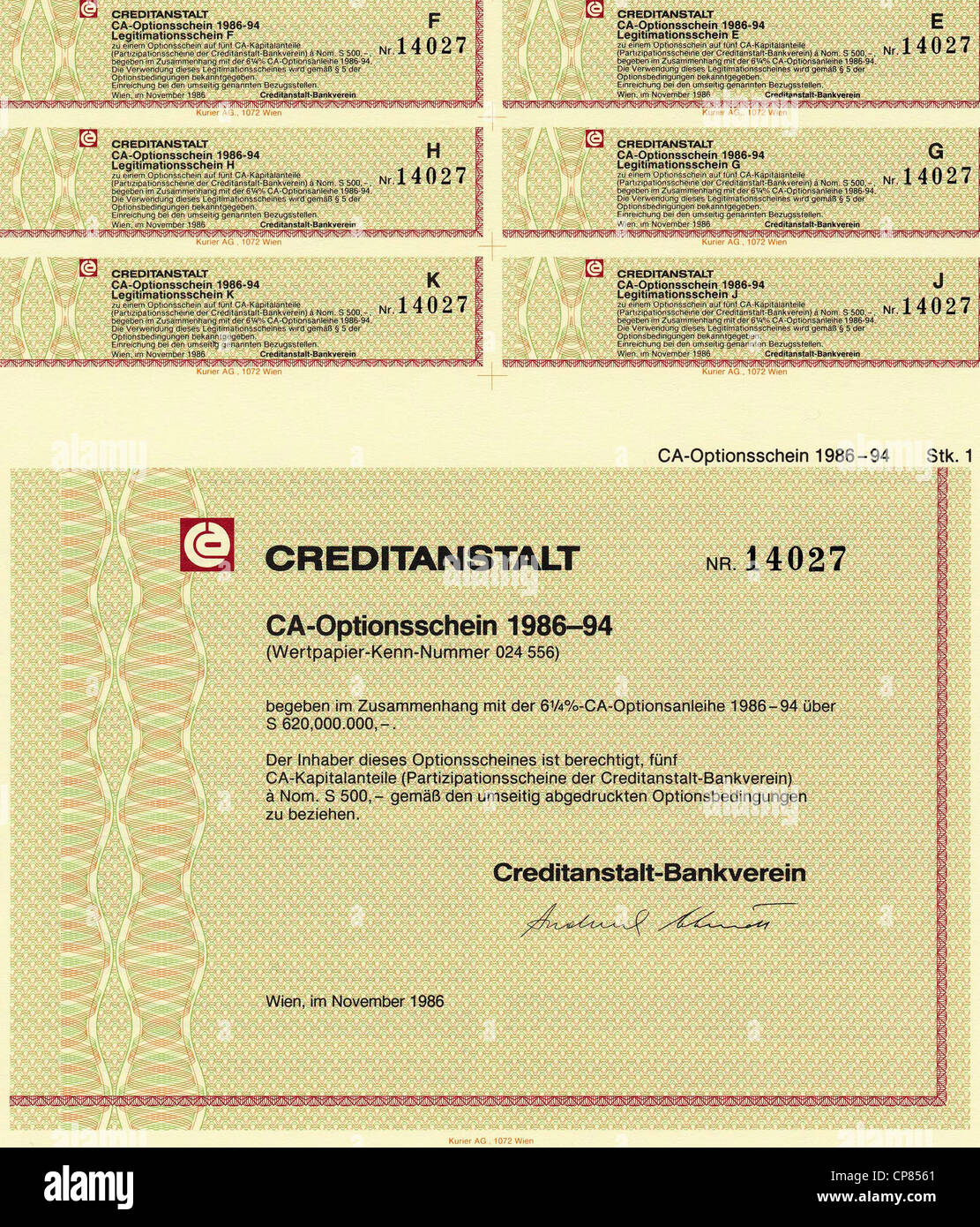 Historic stock certificate, Securities certificate, bearer warrant, Wertpapier, Inhaber-Optionsschein, Österreichische Schilling Stock Photo