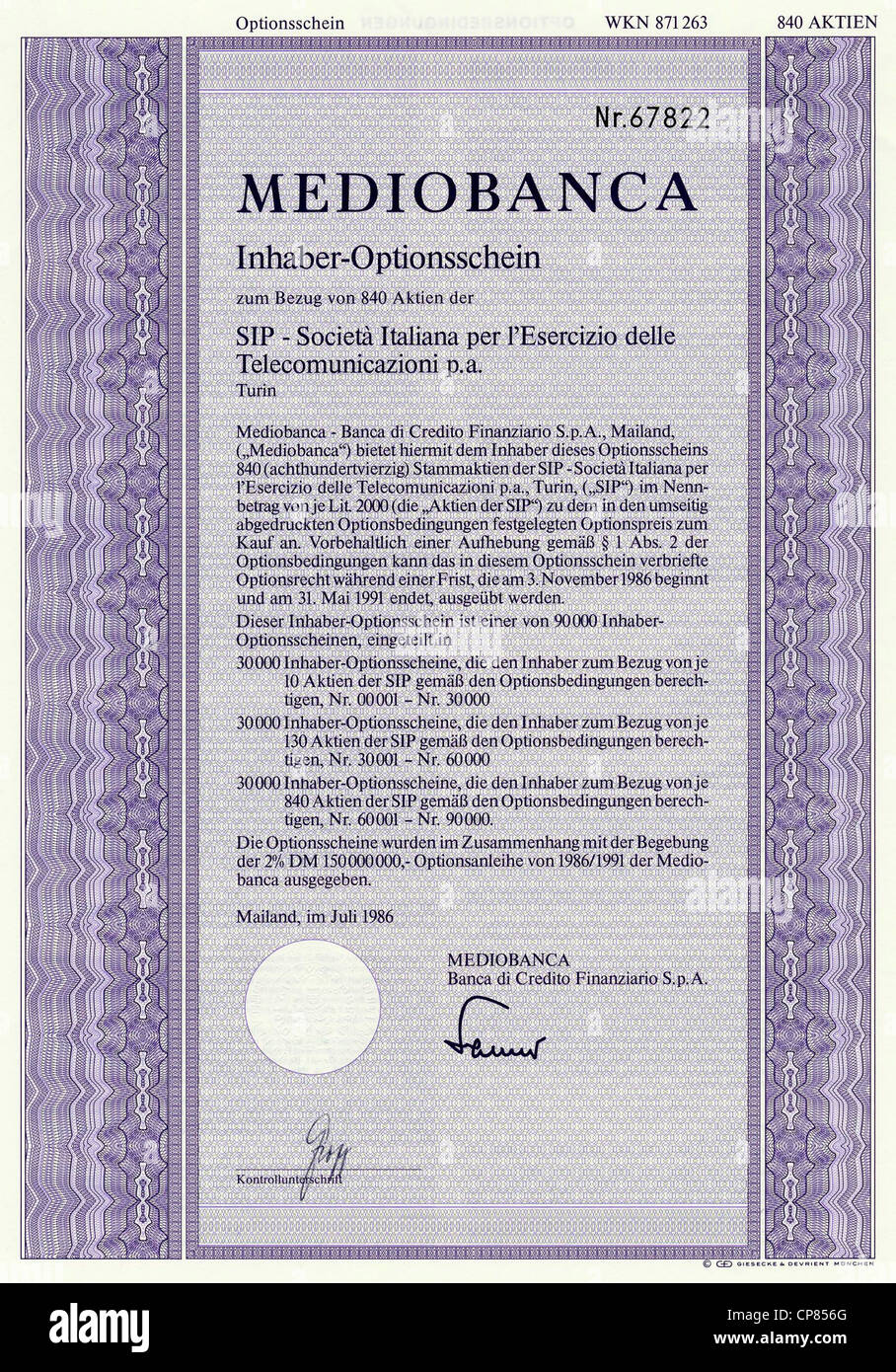 Historic stock certificate, Securities certificate, bearer warrant, Historisches Wertpapier, Inhaber-Optionsschein, italienische Stock Photo