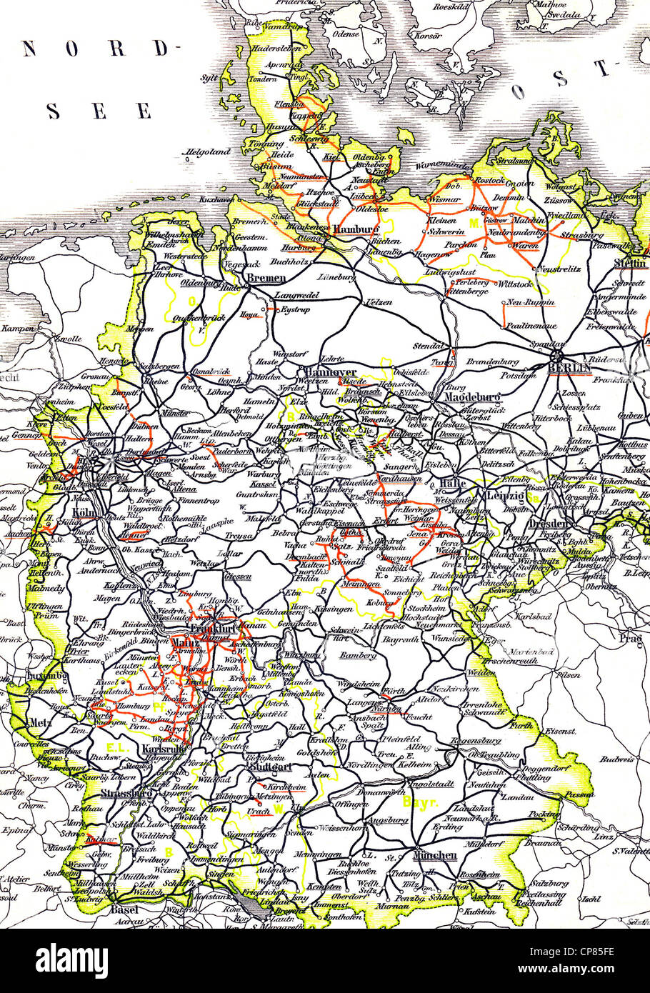 Map, marked state railways marked black, private railways marked red, 1886, Germany, Europe