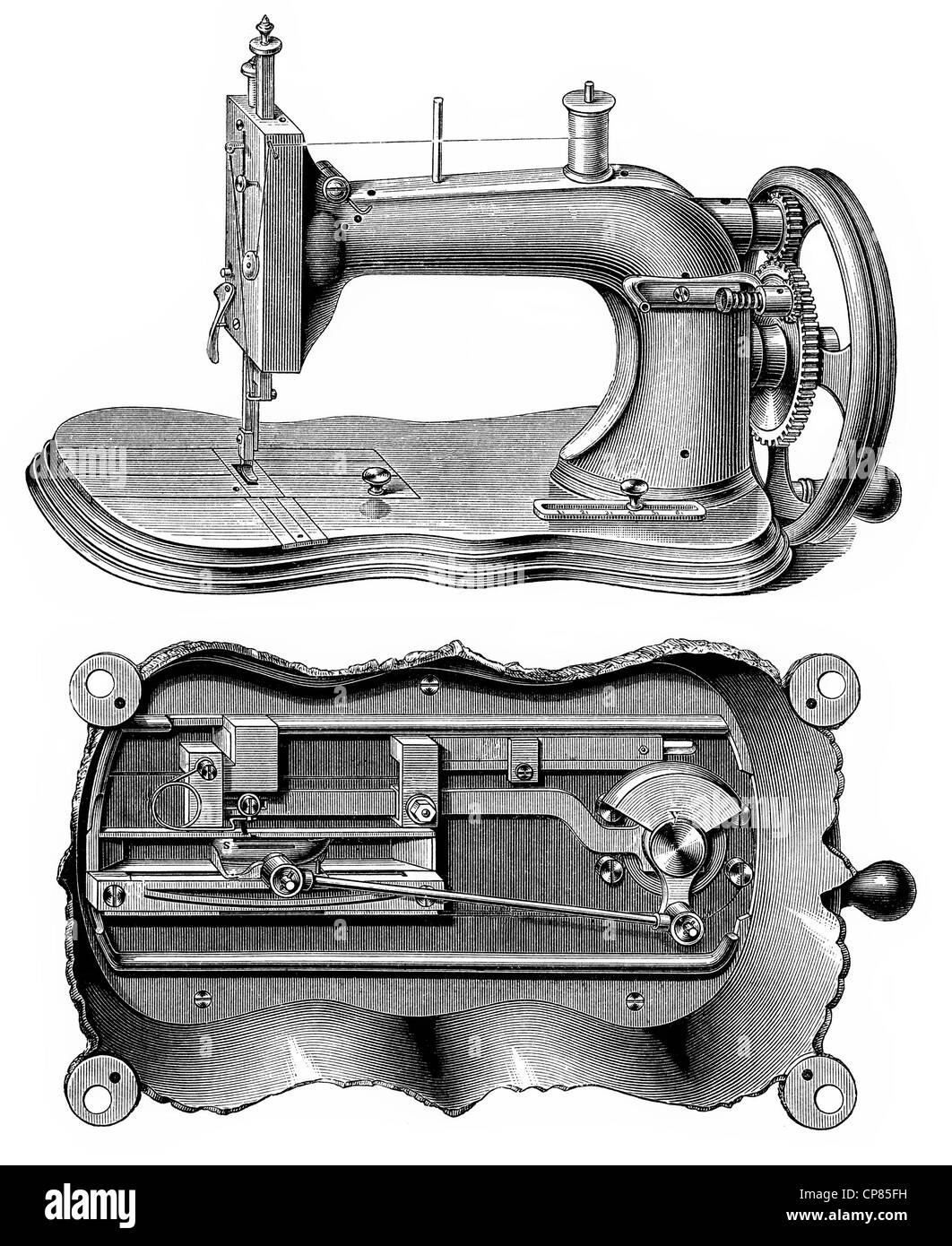 schematic drawing of a sewing machine, Singer system, 19th century, Historische, zeichnerische Darstellung, schematische Zeichnu Stock Photo