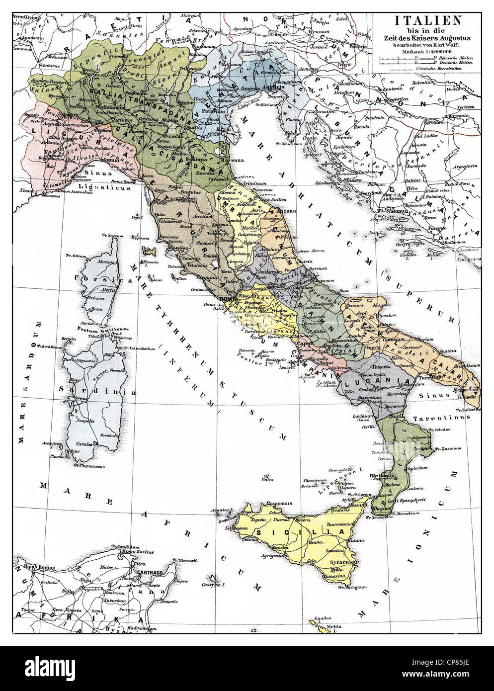 map of Italy frome the times of Emperor Augustus, 1st Century, Historische, zeichnerische Darstellung, Landkarte, Italien zu Zei Stock Photo