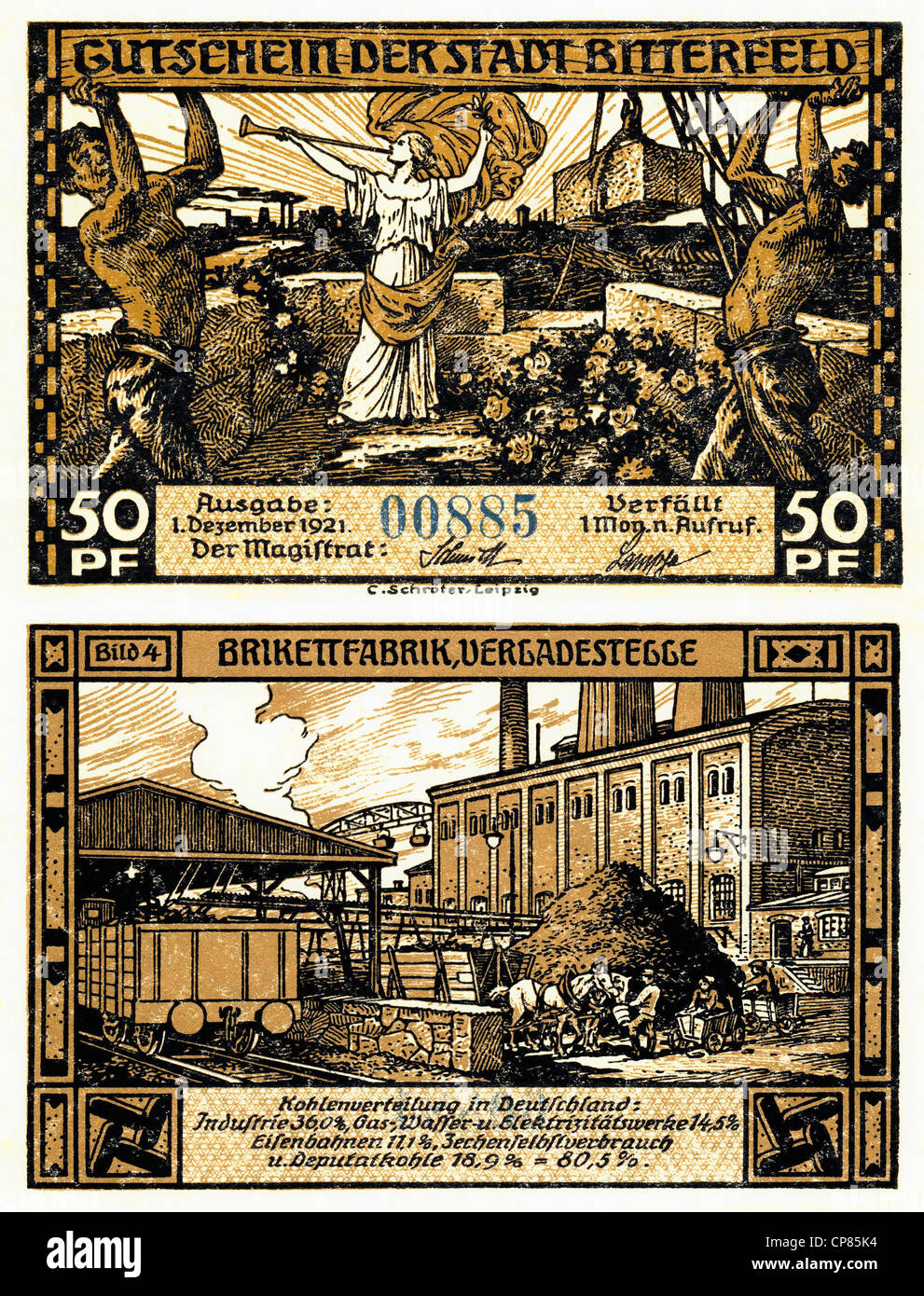 Emergency currency, banknote, front and back side, image of a briquetting plant and of the distribution of coal, Germany, Europe Stock Photo