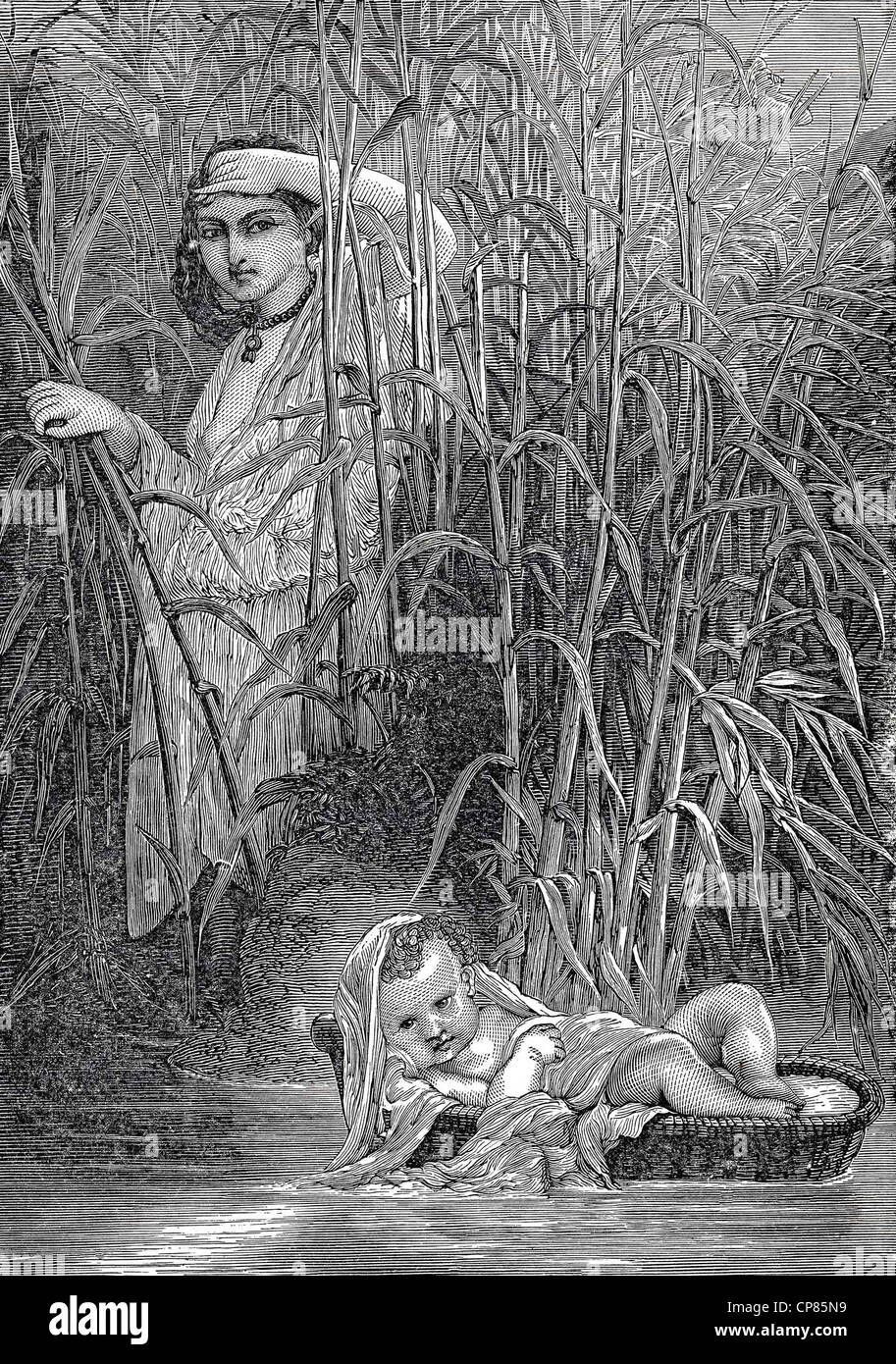 Moses is put in a reed basket on the Nile, historic engraving from 19th Century, Moses wird im Schilfkörbchen auf dem Nil ausges Stock Photo