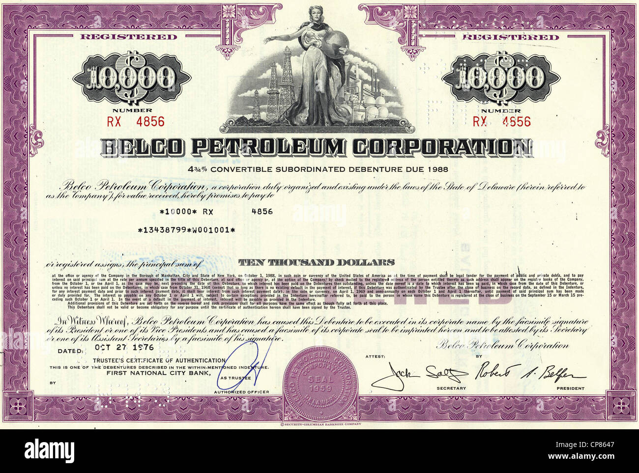 Historical stock certificate of an oil and gas company, a man opening a valve of a pipeline in front of oil derricks, oil tanks Stock Photo