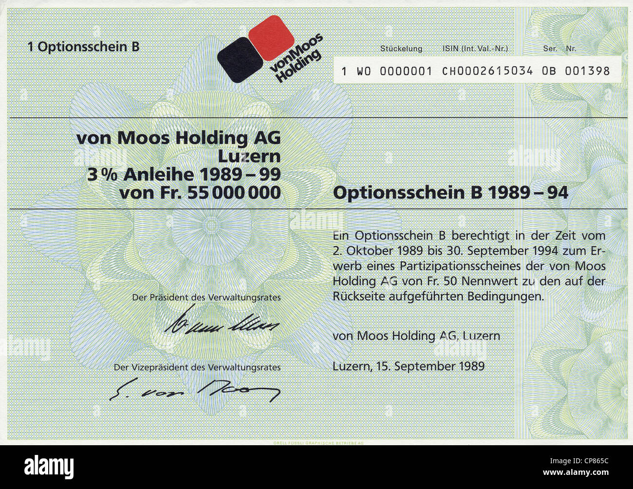 Historic share certificate from Swiss, bearer warrant in Swiss Francs, holding company for acquisition, management and sale of i Stock Photo