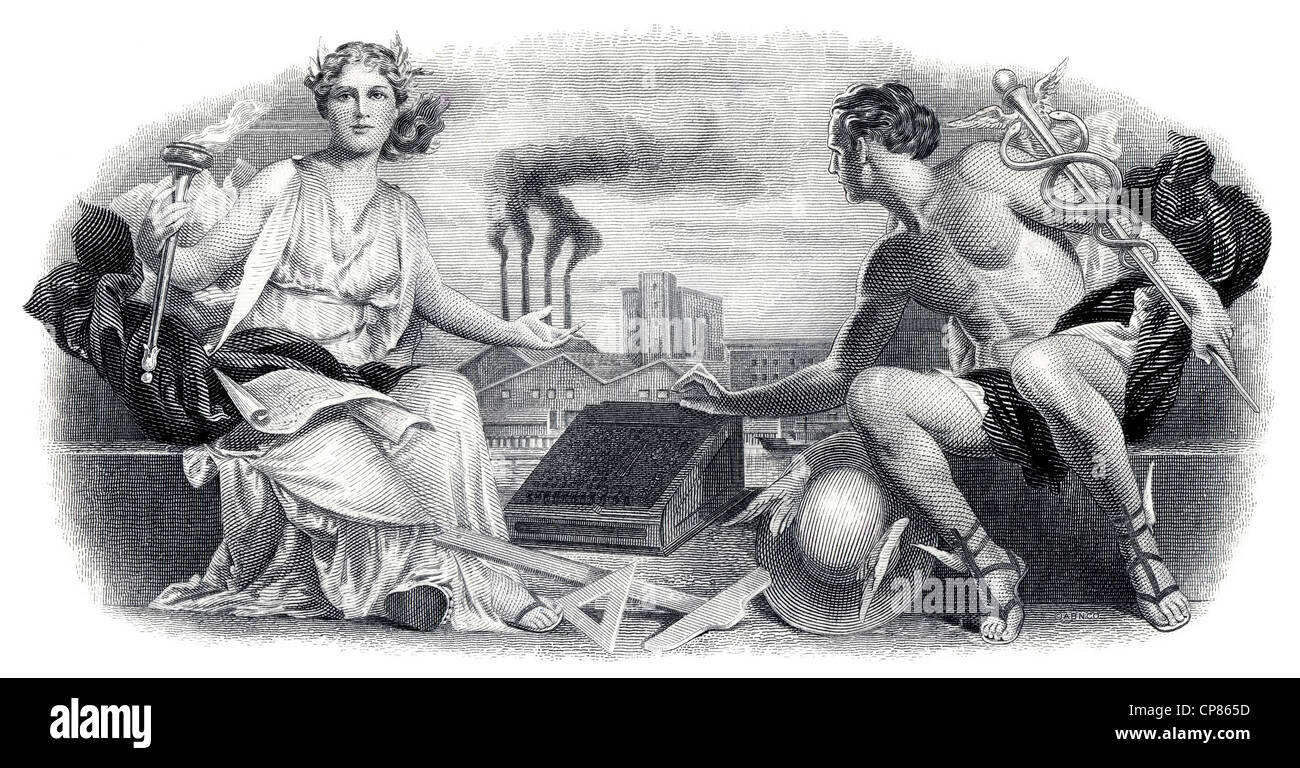 Illustration in the vignette of a historical stock certificate, the Greek gods Olympia and Hermes sitting with a mechanical addi Stock Photo