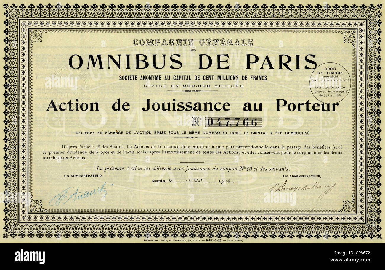 Historic stock certificate, share, Omnibus de Paris, bus service of Paris, 100 francs, Paris, France, 1924, Historisches Wertpap Stock Photo