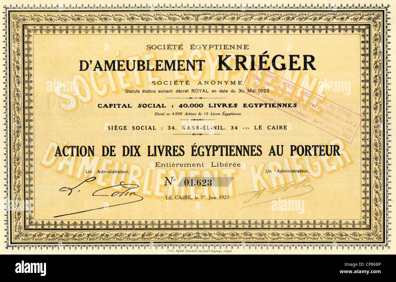 Historic stock certificate, furniture, Societe Egyptienne d'Ameublement Krieger, 1923, Cairo, Egypt, Africa, Historisches Wertpa Stock Photo