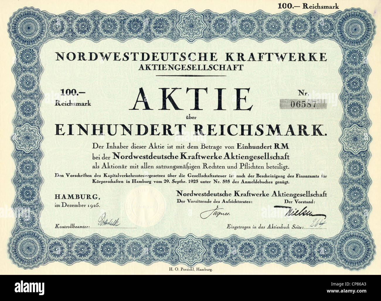Historic stock certificate, Reichsmarks obligation, Germany, Historisches Wertpapier, Aktie über 100 Reichsmark, Nordwestdeutsch Stock Photo