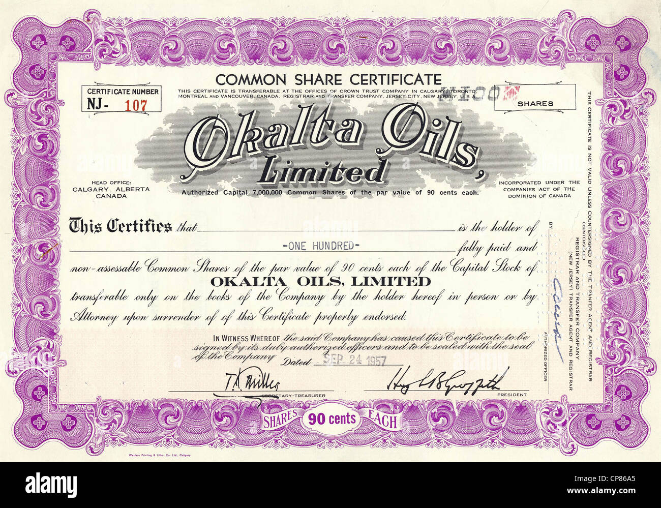 Historical stock certificate of an oil and gas company, Okalta Oils Limited, Calgary, Alberta, Canada, 1957, Wertpapier, histori Stock Photo