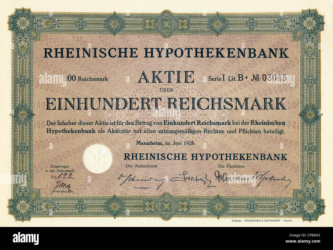 Historic stock certificate, Reichsmarks obligation, Germany, Historische Aktie über 100 Reichsmark, Rheinische Hypothekenbank, M Stock Photo