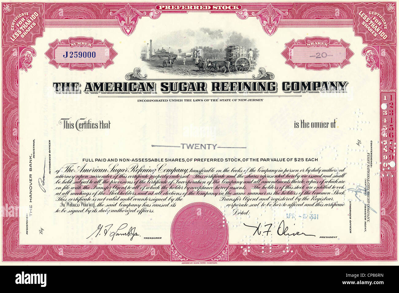 2 Color Set Stock Certificate West Indies Sugar Corp