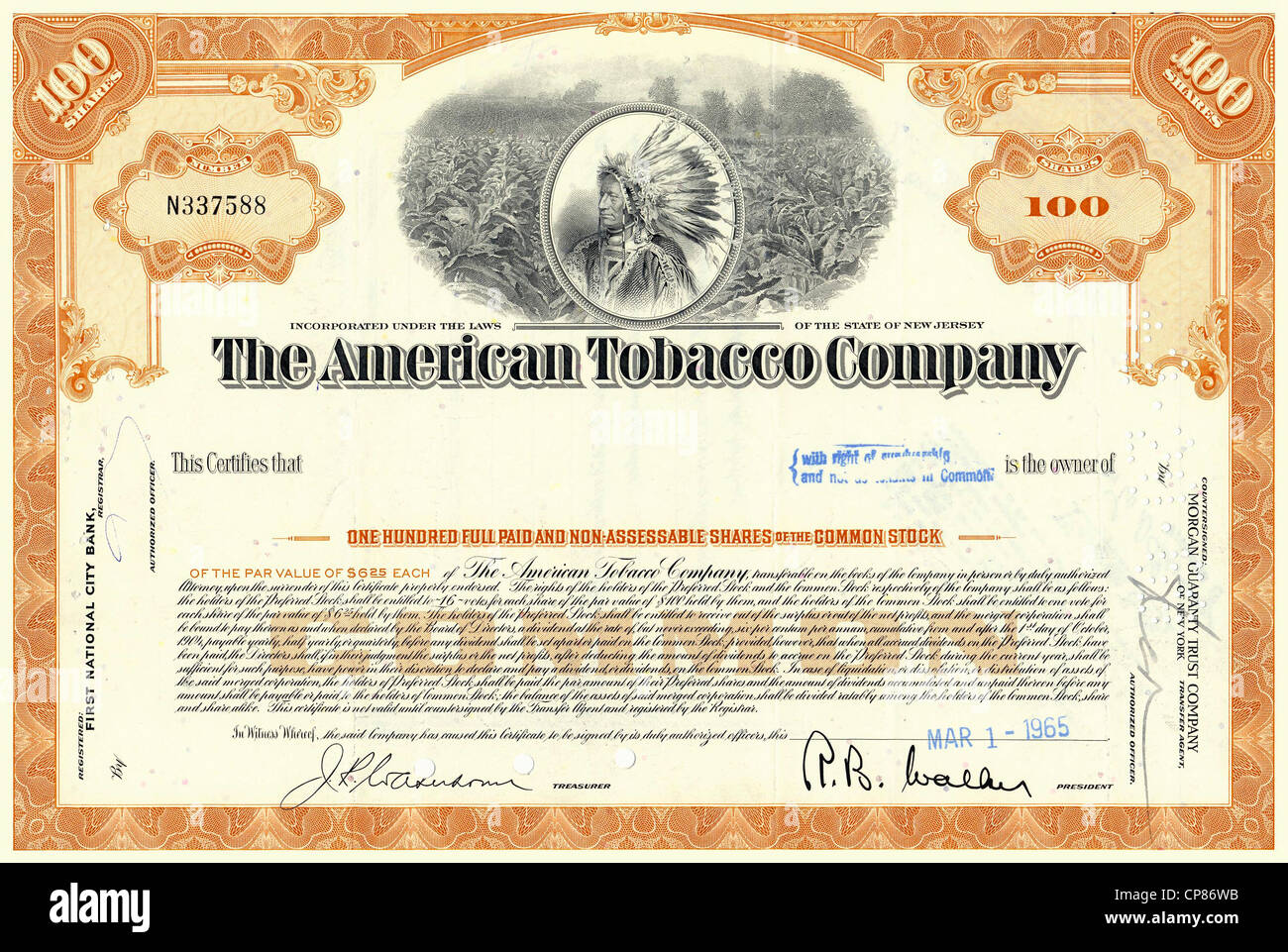 Historic stock certificate, detail, tobacco plantation and a Red Indian chief with headdress, The American Tobacco Company, ATC, Stock Photo