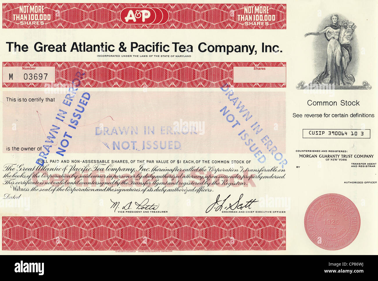 Historic share certificate, The Great Atlantic & Pacific Tea Company, A & P, US-American supermarket chain, Maryland, USA, Histo Stock Photo
