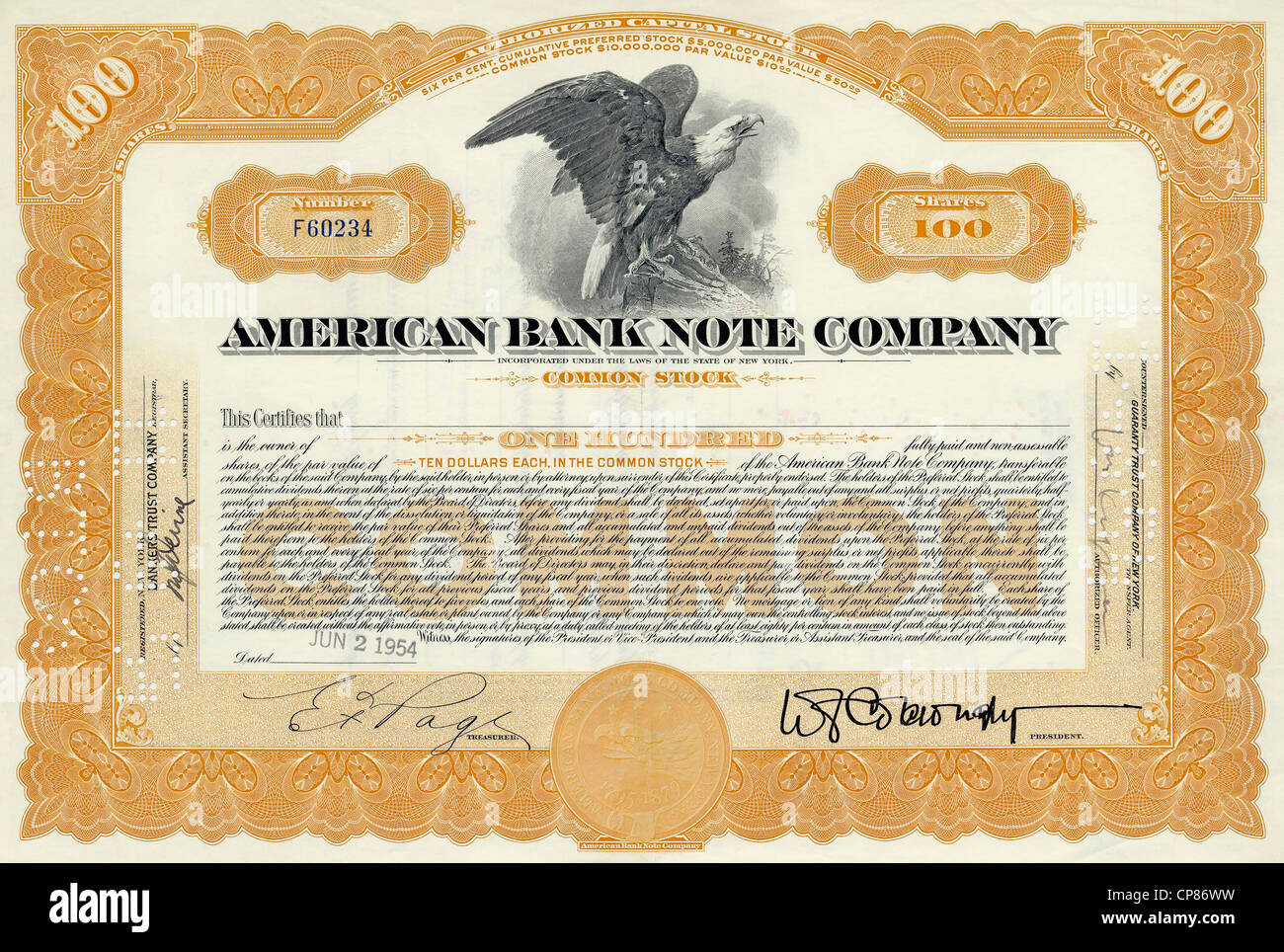 Historic share certificate, detail of the vignette, eagle, American Bank Note Company, ABNC, printing office for banknotes and s Stock Photo