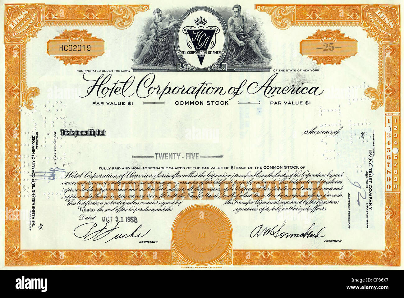 Historic share certificate, Hotel Corporation of America, HCA, motor hotel and restaurant, New York, 1958, USA, Historische Akti Stock Photo