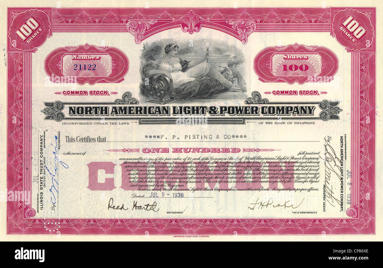 Historic share certificate, North American Light & Power Company, power supplier, Delaware, 1938, USA, Historische Aktie, North Stock Photo