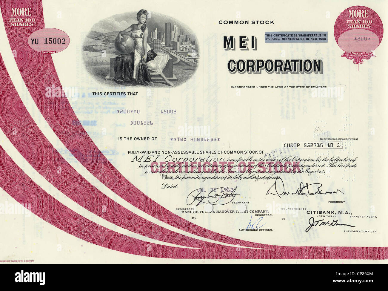 Historic share certificate, MEI Corporation, Hawaiian building company, Delaware, 1982, USA, Historische Aktie, MEI Corporation, Stock Photo
