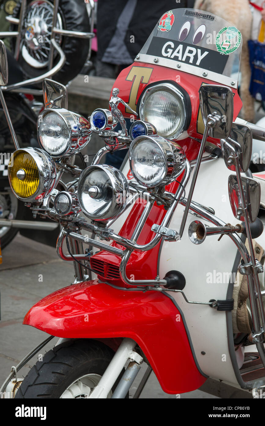 Close up of customized scooter at club rally in Cambridge, England. Stock Photo