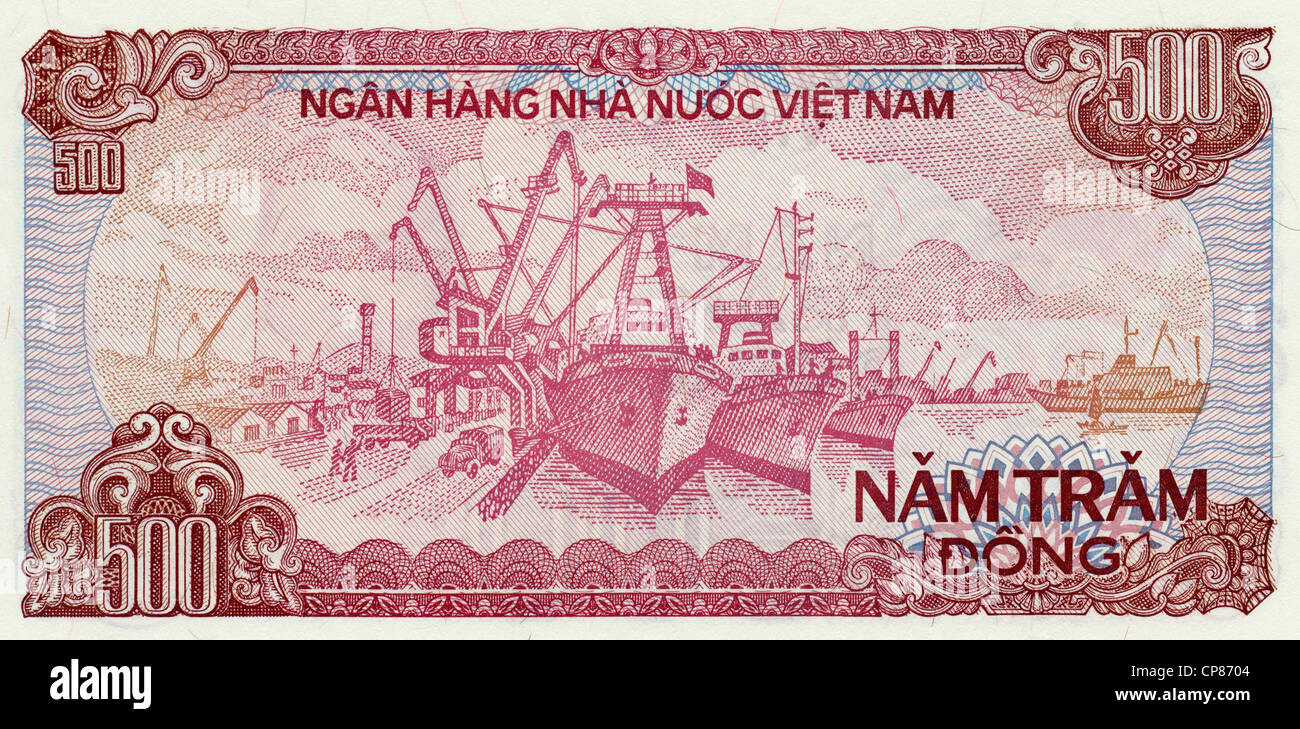 Banknote aus Vietnam, der Hafen von Hai Phong, 500 Dong, 1988, Banknote from Vietnam Stock Photo