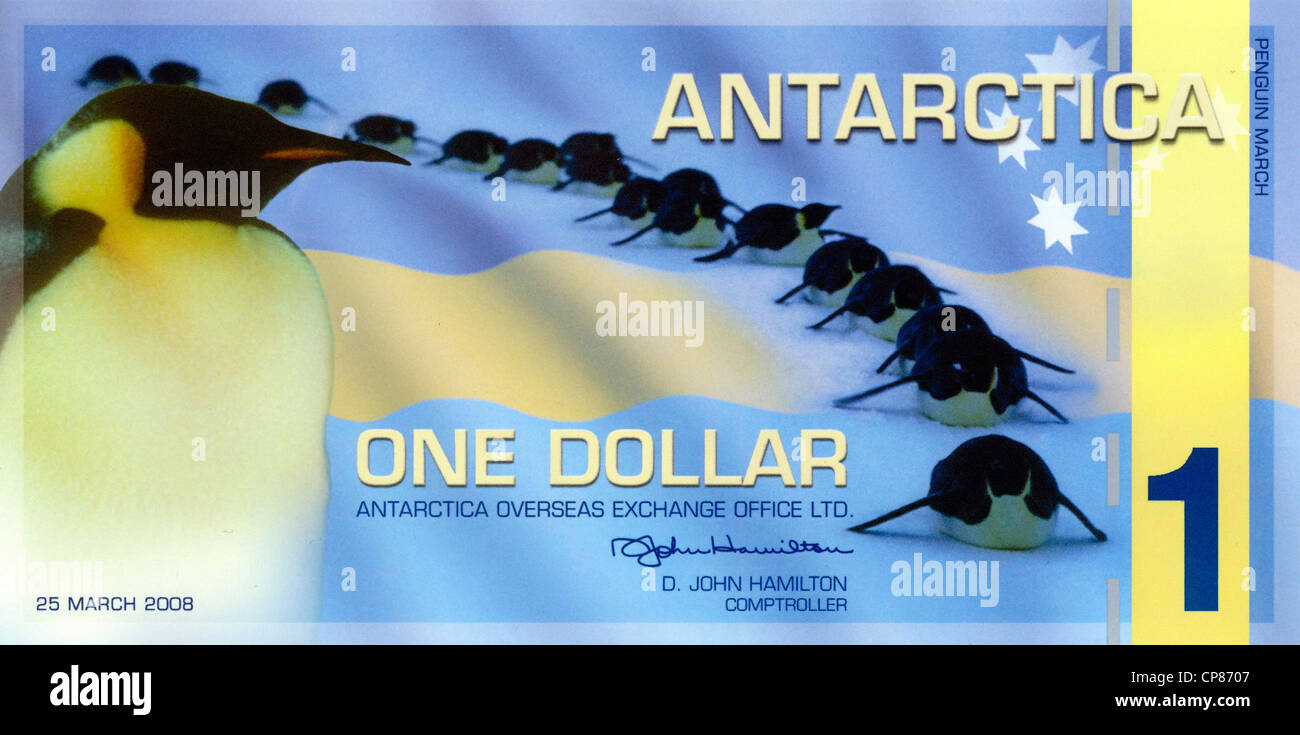 Banknote, 1 Antarktischer Dollar, Souvenir- oder Sammlerbanknote, herausgegeben 1996 vom „The Antarctica Overseas Exchange Offic Stock Photo