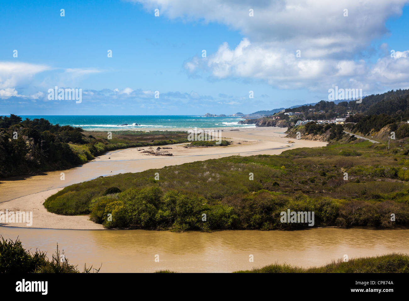 The mouth of the Gualala River and the town of Gualala on the Northern California Coast near Mendocino Stock Photo