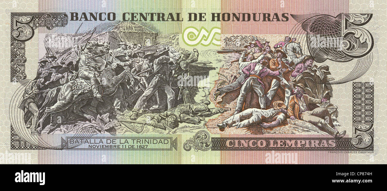 Banknote aus Honduras, 5 Lempira, Batalla de La Trinidad, die Schlacht von La Trinidad, 2006 Stock Photo
