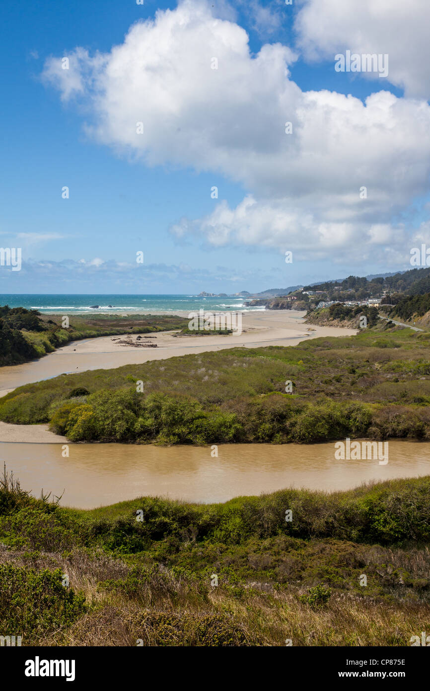 The mouth of the Gualala River and the town of Gualala on the Northern California Coast near Mendocino Stock Photo