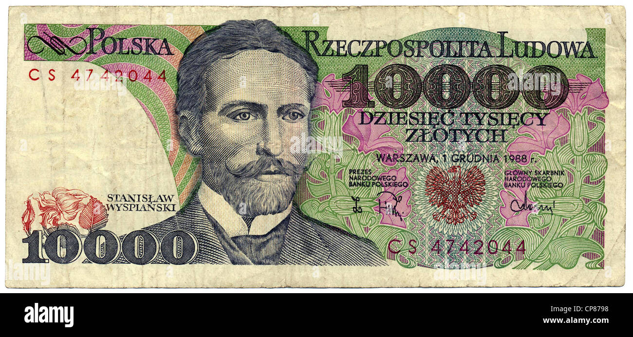 Historische Banknote, 10000 Zloty, StanisÅ‚aw Wyspianski, 1988, Polen, Europa Stock Photo