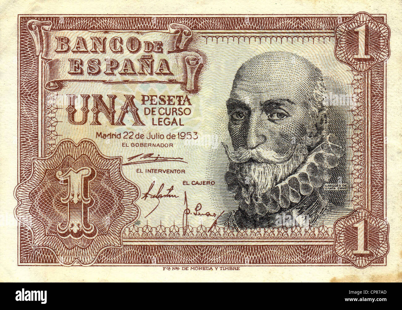 Banknote from Spain, 1 Peseta, Álvaro de Bazán, Spanish fleet commander, Capitán General de la Mar Océano and Marqués de Santa C Stock Photo