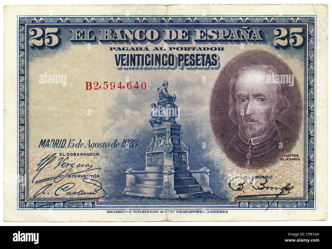Historische Banknote, Spanien, Spain, 25 Peseten, der spanischer Dichter Pedro Calderón de la Barca y Barreda González de Henao Stock Photo