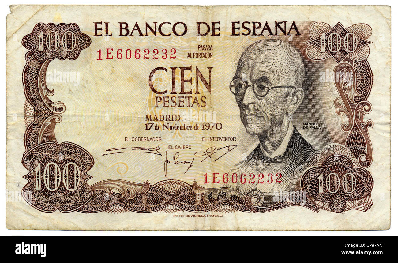 Historische Banknote, Spanien, 10 Peseten, der spanischer Komponist Manuel María de Falla y Matheu, 1970 Stock Photo