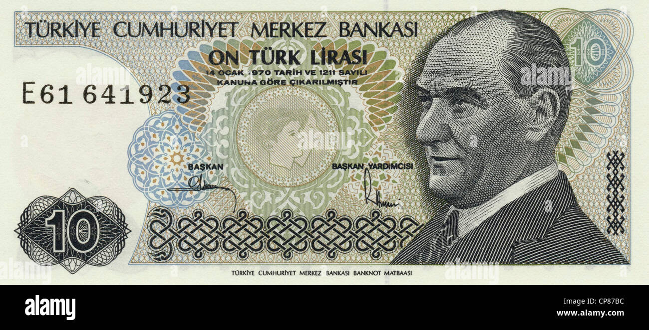 Banknote aus der Türkei 10 Lira, Kemal Atatürk, 1982, Bank note from ...