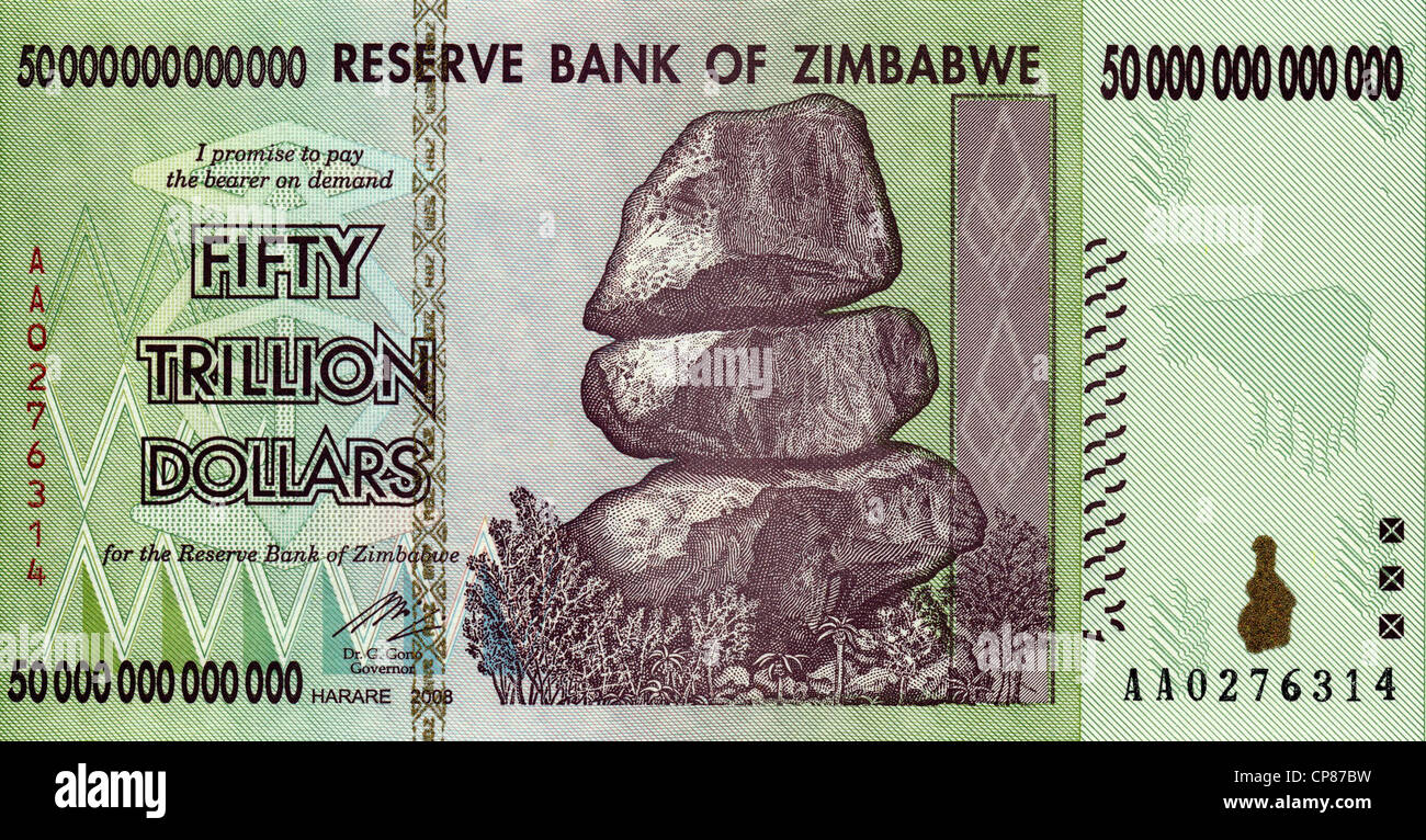 Bank note, 50 trillion Zimbabwean dollars, 2008, inflation money, Harare, Zimbabwe, Africa Stock Photo