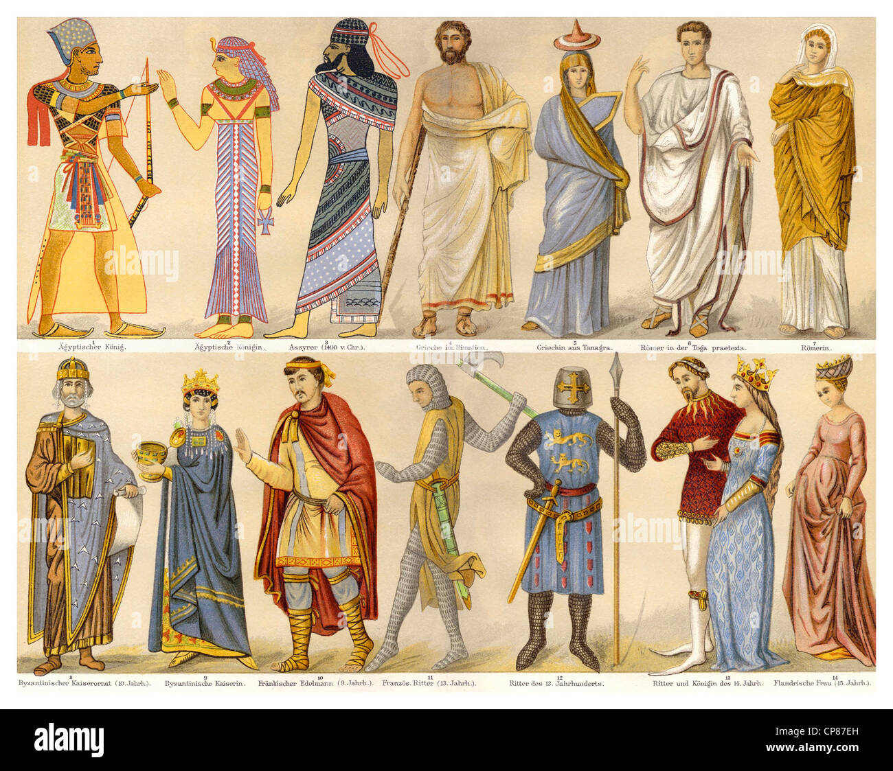 costumes, fashion, clothing, ancient and medieval times, Historische, zeichnerische Darstellung, 19. Jahrhundert, aus Meyers Kon Stock Photo