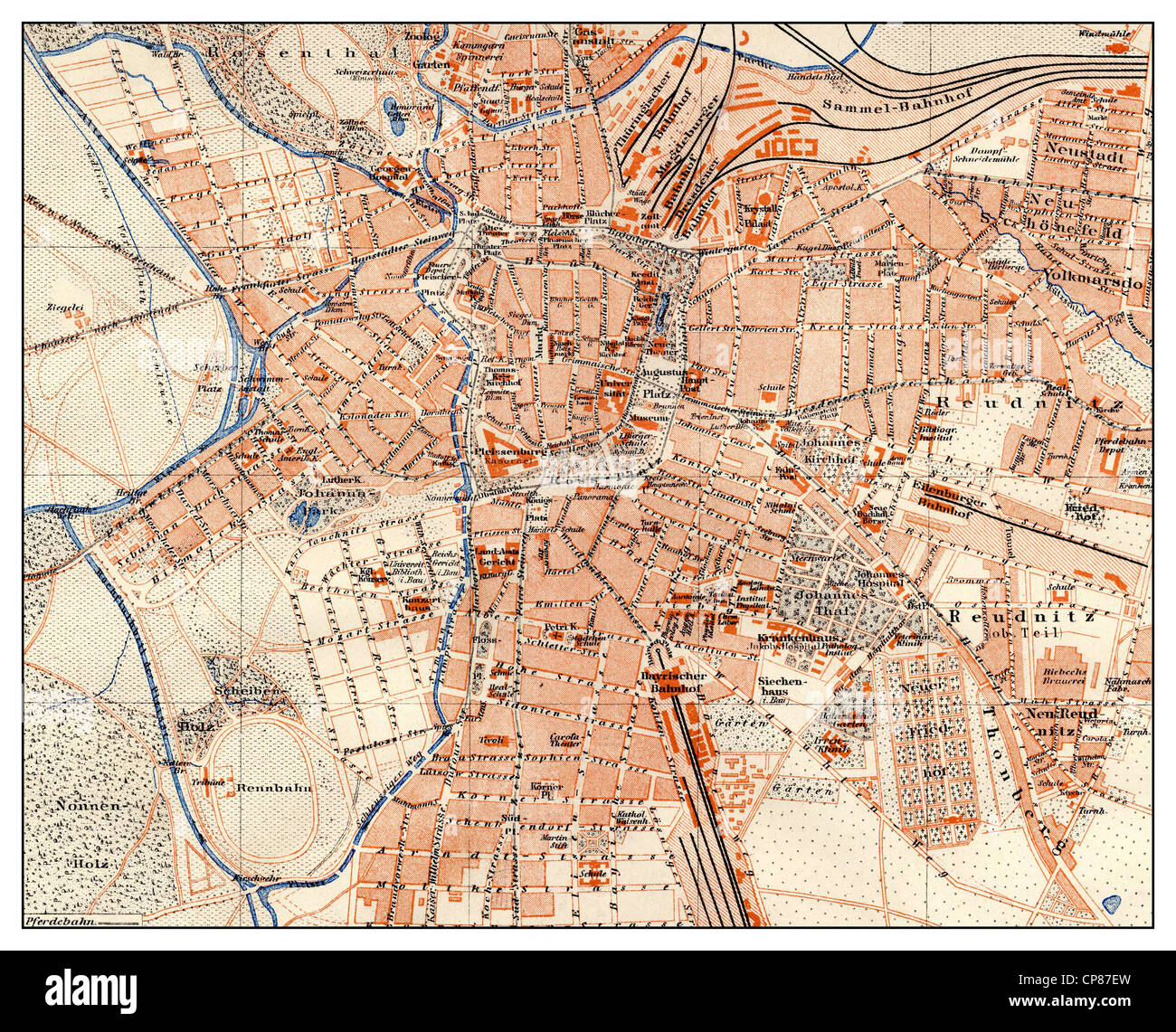 Historic map of Leipzig, Germany, 19th Century, Historische, zeichnerische Darstellung, Landkarte, Stadtplan von Leipzig, Deutsc Stock Photo
