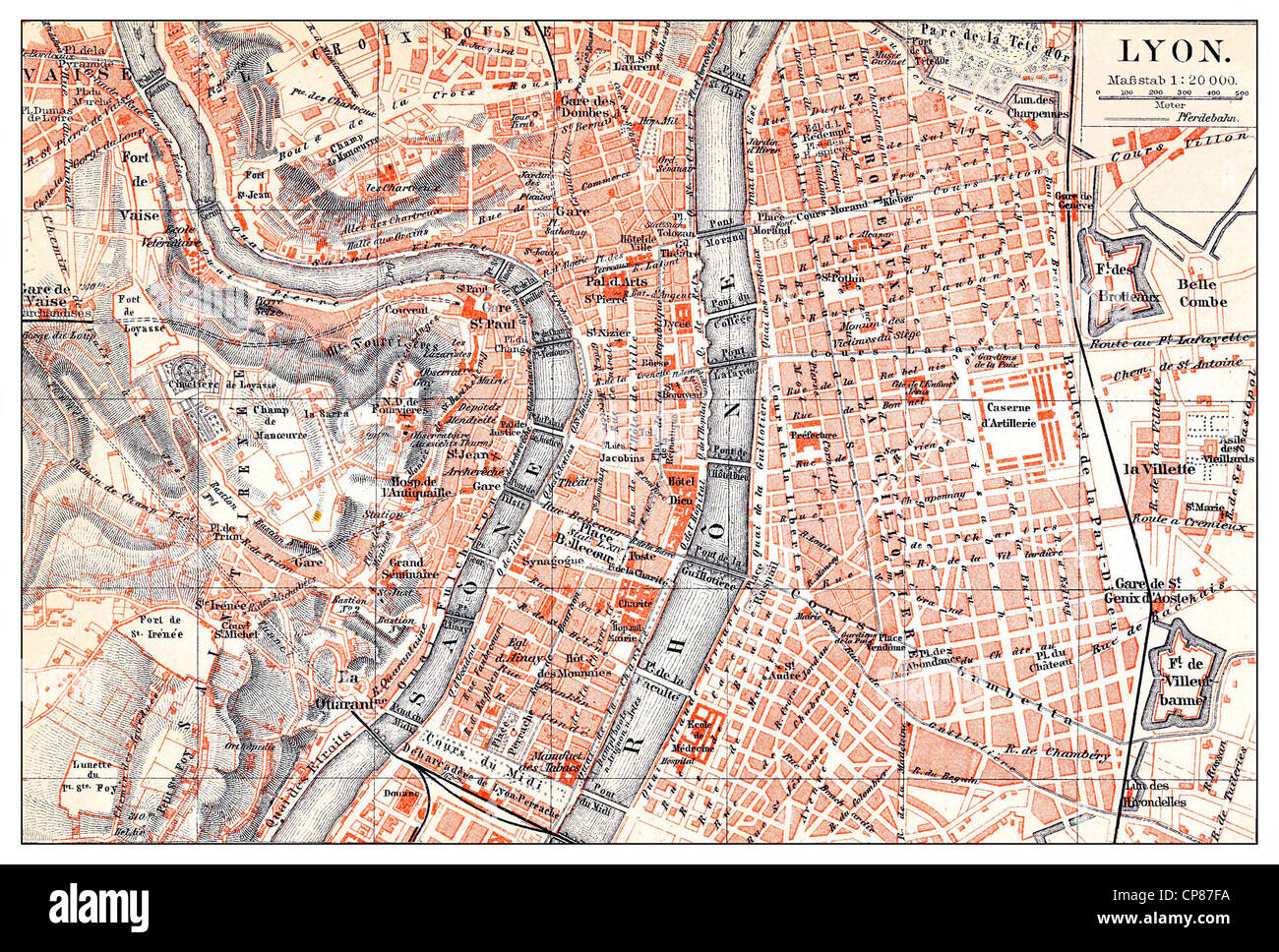 Historical map of Lyon, France, Historische, zeichnerische Darstellung, Stadtplan von Lyon, Frankreich, 19. Jahrhundert, aus Mey Stock Photo