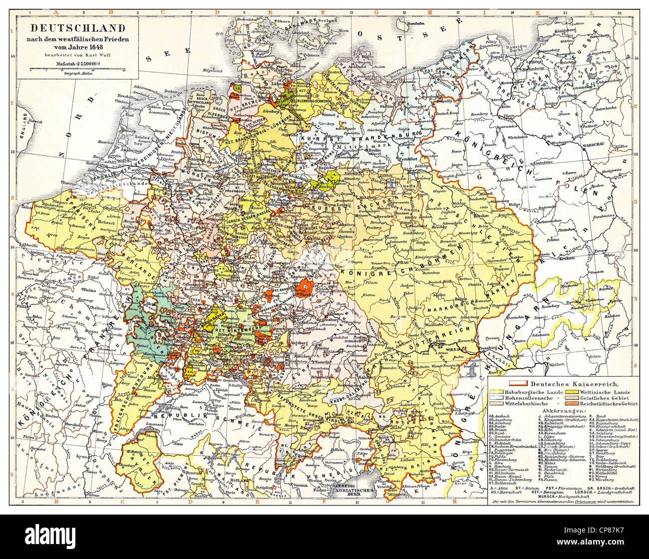 Historical map of Germany and Europe after the Peace of Westphalia, 1648, 17th Century, Historische, zeichnerische Darstellung, Stock Photo
