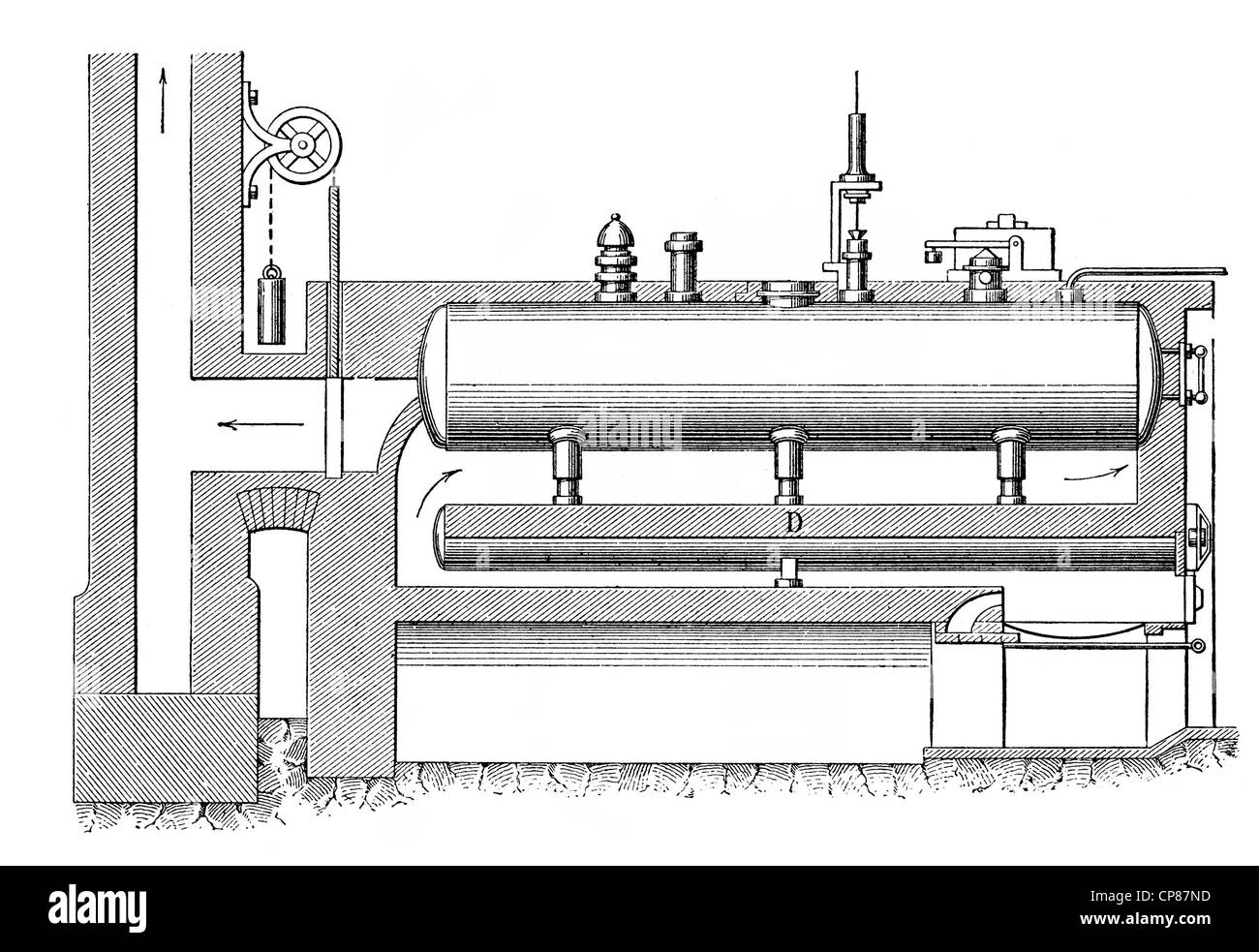 double ebullition boiler, boiler to generate steam, 19th Century, Historische, zeichnerische Darstellung, technische Zeichnung, Stock Photo