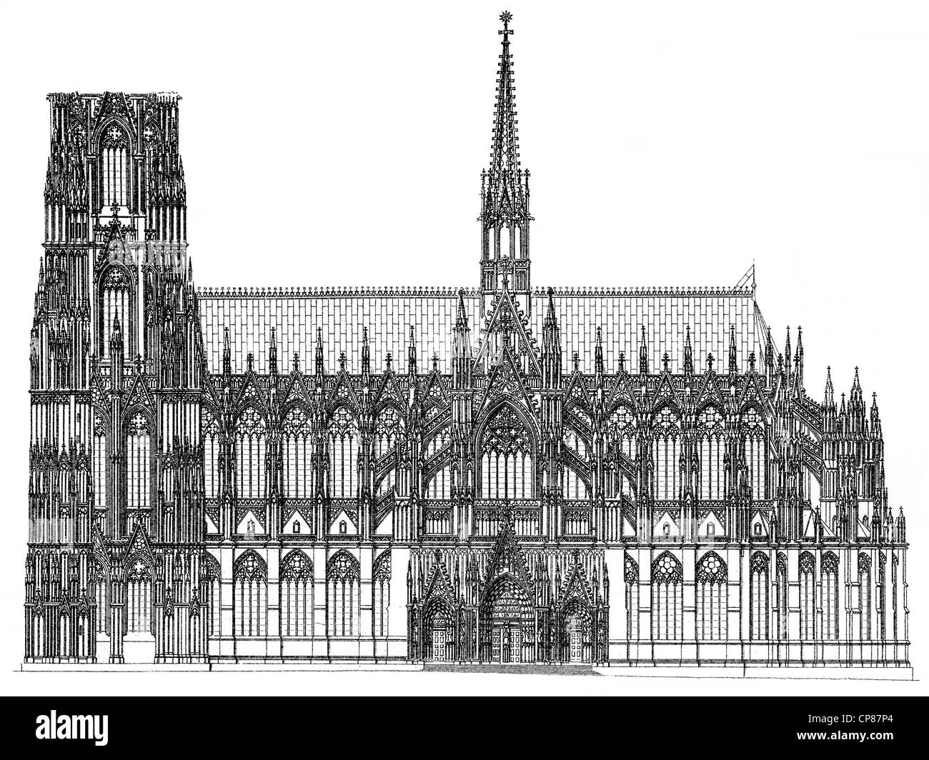 Historic illustration of Cologne Cathedral, Historische, zeichnerische Darstellung, Detail, südliche Längsansicht, Dom zu Köln, Stock Photo