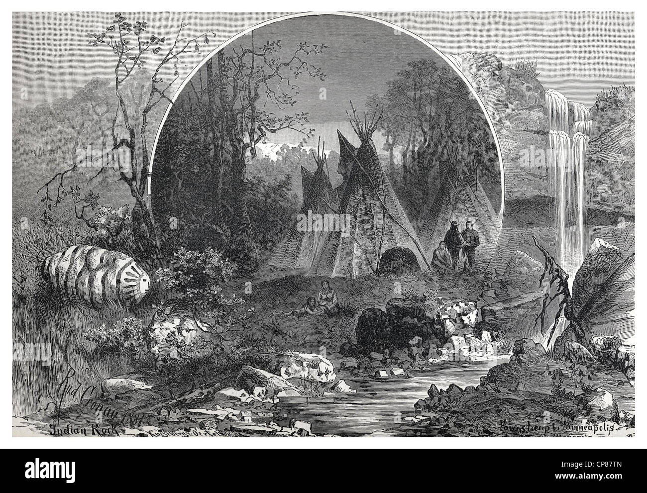 An Indian native American camp in Indian Rock, Minnesota, USA, historical engraving, 19th Century, Ein Indianerlager in Indian R Stock Photo