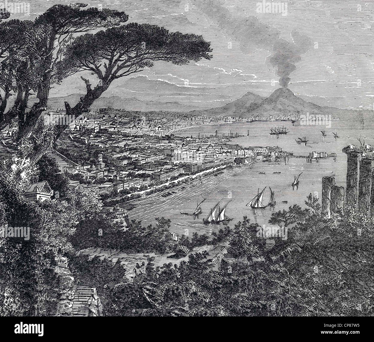 Cityscape of Naples with Mt Vesuvius, Italy, historical engraving, 19th Century, Stadtansicht von Neapel mit dem Vesuv, Italien, Stock Photo