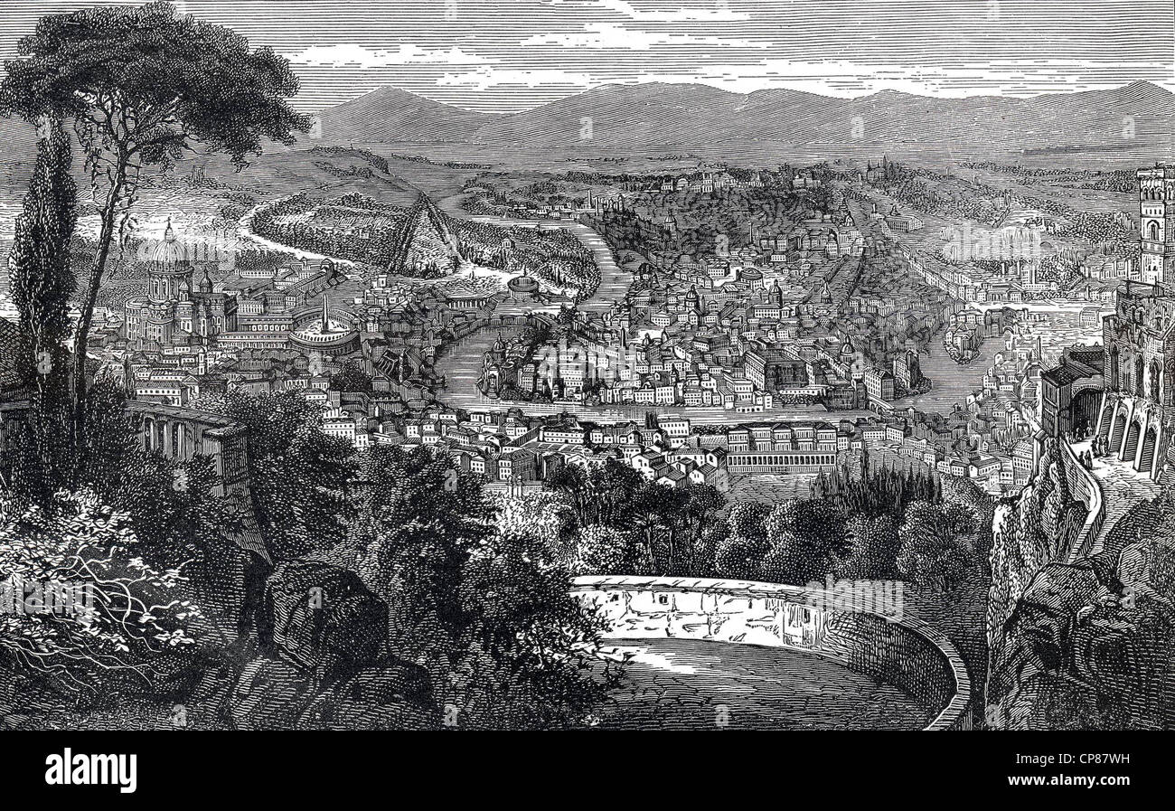 Cityscape of Rome, Italy, historical engraving, 19th Century, Stadtansicht von Rom, Italien, historischer Stich aus dem 19. Jahr Stock Photo