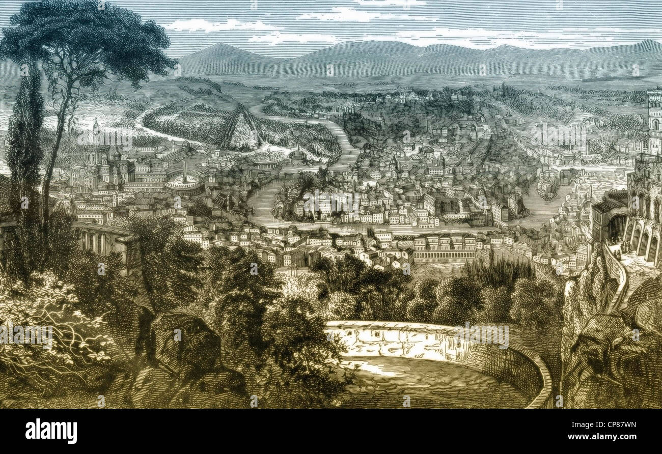 Cityscape of Rome, Italy, historical engraving, 19th Century, Stadtansicht von Rom, Italien, historischer Stich aus dem 19. Jahr Stock Photo
