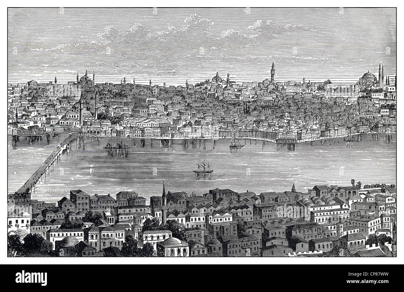 Cityscape of Constantinople, Byzantium or Istanbul, Riva river, Turkey, historical engraving, 19th Century, Stadtansicht von Kon Stock Photo