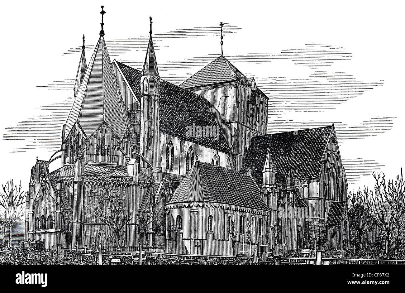 Nidaros Cathedral in Trondheim, Norway, Europe, historic engraving from 19th Century, Der Nidarosdom in Trondheim oder Nidaros, Stock Photo