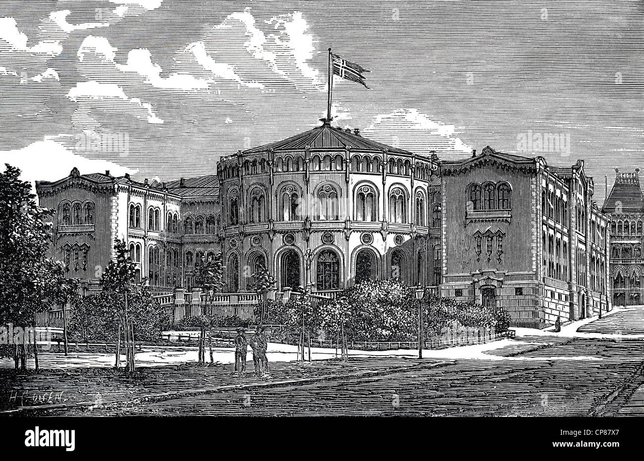 Storting, Parliament of Norway, Oslo or Christiania or Kristiania, historic engraving from 19th Century, Das Storting oder Stort Stock Photo
