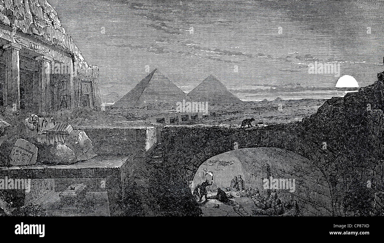 Pyramids and catacombs with mummies at night, Cairo, Egypt, historic engraving from 19th Century, Die Pyramiden und Katakomben m Stock Photo