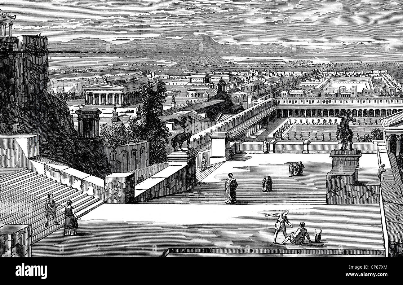 Cityscape of Corinth with temples, Greece, historic engraving from 19th Century, Stadtansicht von Korinth mit Tempelanlagen, Gri Stock Photo