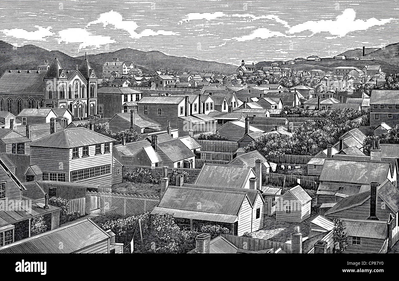 Cityscape of Wellington, New Zealand, historic engraving from 19th Century, Stadtansicht von Wellington, Neuseeland, historische Stock Photo